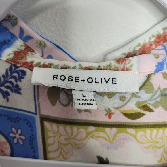 Rose + Olive flower square print vintage vibe button front long sleeve Size L - Picture 5 of 8